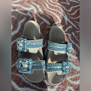 Schutz Women's Enola Crystal Buckle Strap Shine Leather slides